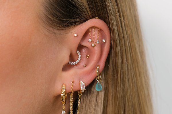 Vertical helix piercing with colorful gemstone
