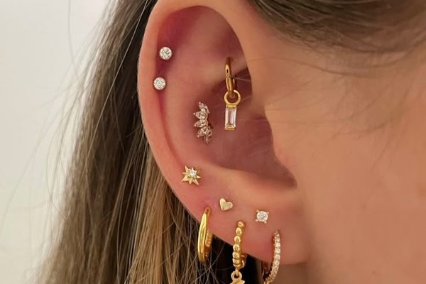 Double helix piercing combination with flat and rook