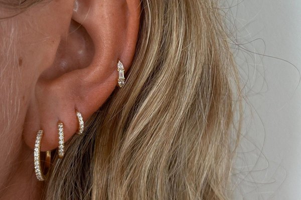 Low helix piercing close-up with small hoop